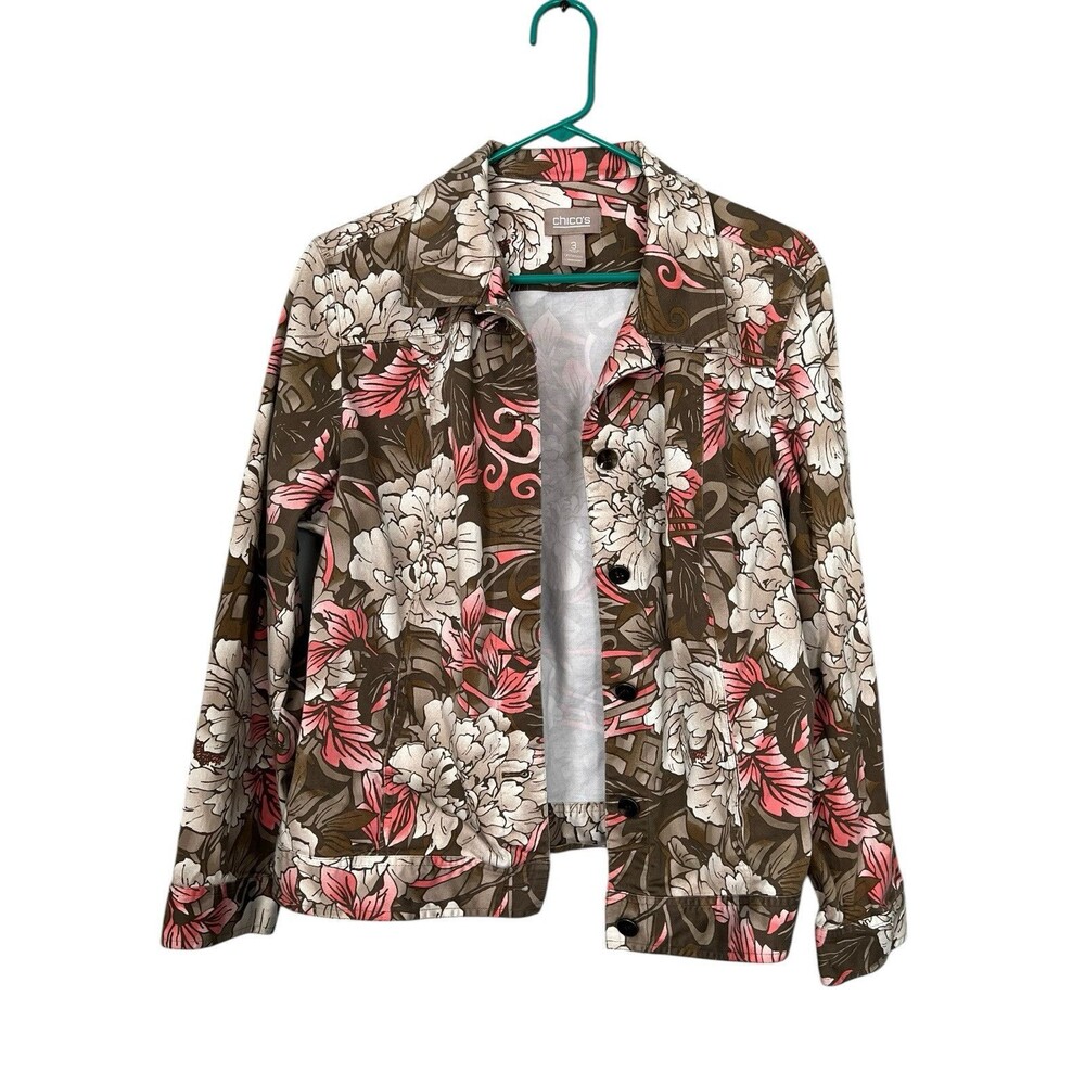 Chico’s Colorful Floral Button Up Jacket in Women’s Size 3, Pink White Gray